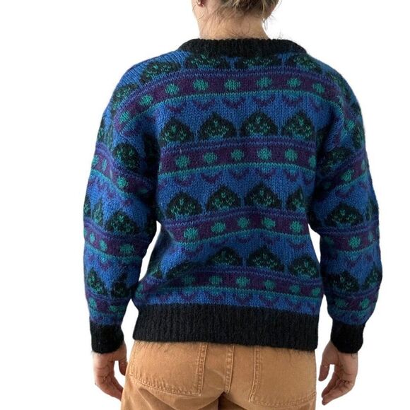 Vintage 1980s Gallagher Blue Mohair Fluffy Geometric Retro Preppy Sweater Sz M - Picture 5 of 8